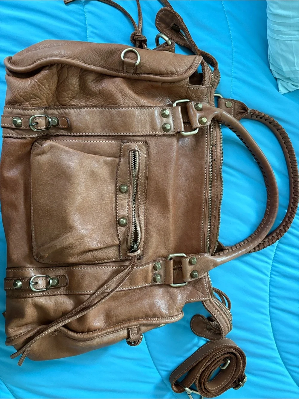 LUsher Tan Braided-Handle Italian Leather Shoulder Bag with Fringe w/Dust bag